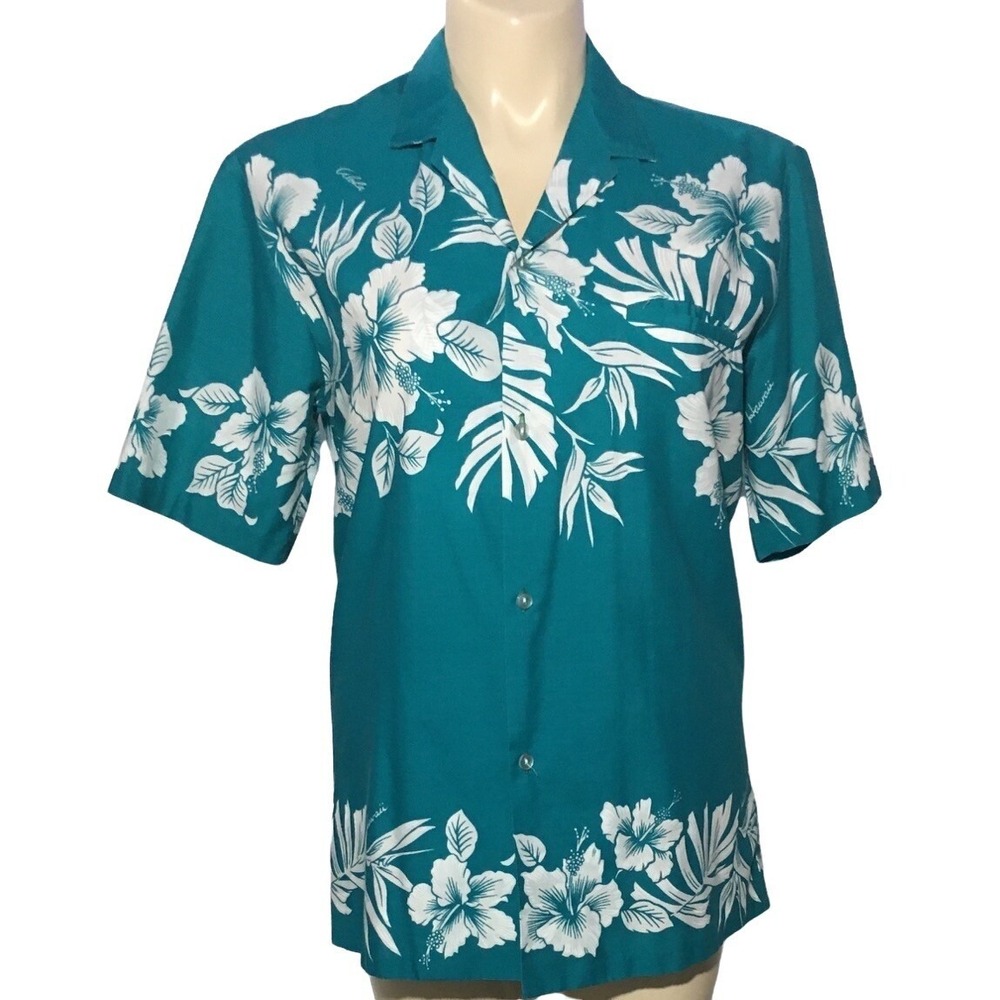 Hawaii Royal Creations Shirt LARGE Turquoise Blue Hibiscus Tropical Button Colla